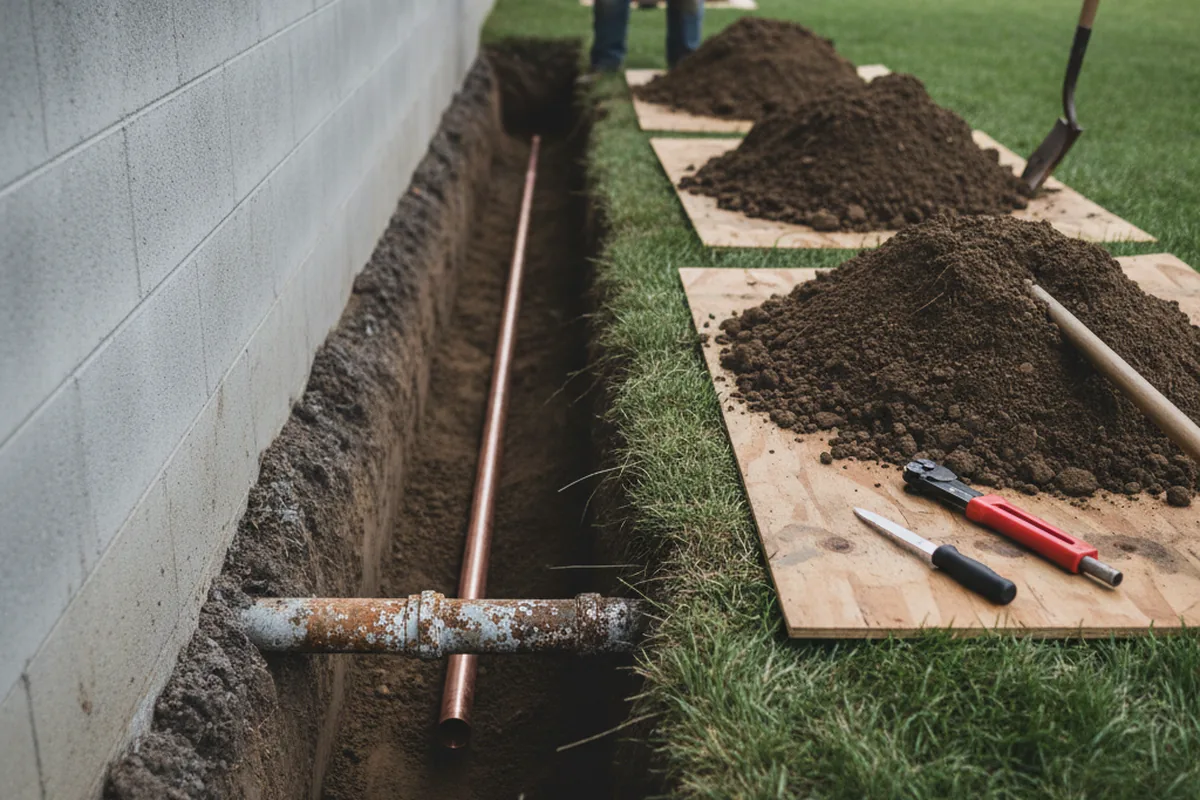 Excavated water line trench during Water Heater Repair in Grovetown